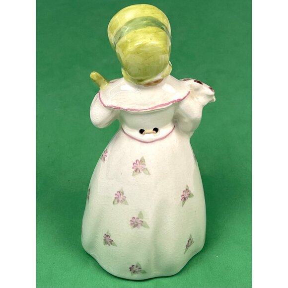 VTG 4.5" Handpainted Ceramic Girl BELL Figurine Floral Bouquet Green Bonnet EUC - Picture 3 of 6